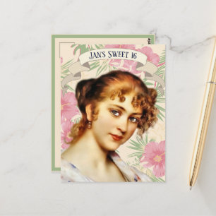 Cartão Postal Vintage Mulher com Flor de Hibisco Rosa