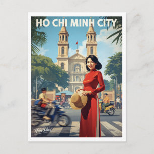 Cartão Postal Vintage Mulher de Ho Chi Minh Ao Dai