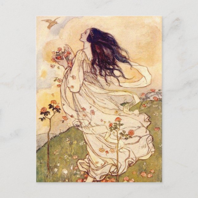 Cartão Postal Vintage - Mulher e Pássaro, (Frente)