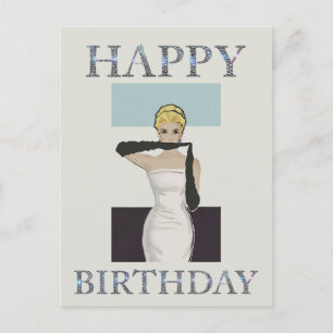 Cartão Postal Vintage, mulher, luvas de noite, Feliz aniversário