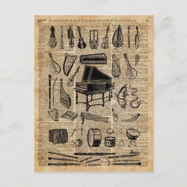 Cartão Postal Vintage Music Instruments Dictionary Art (Frente)