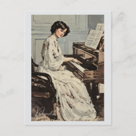 Cartão Postal Vintage Música Piano de Vestido Branco, Mulher Vit