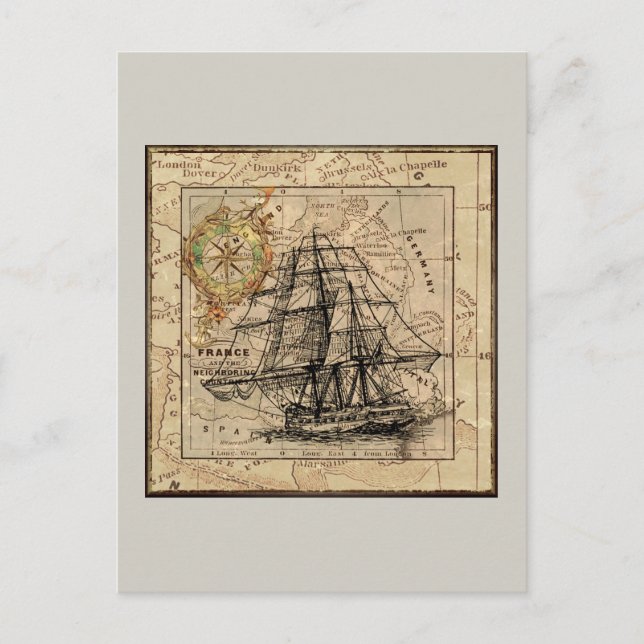 Cartão Postal Vintage Navio E Mapa (Frente)