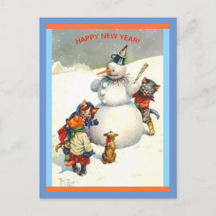 Cartão Postal Vintage New Year Cats constrói um maravilhoso bone