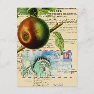 Cartão Postal Vintage New York Apple Statse of Liberty Collage