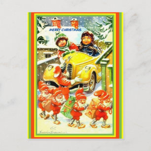 Cartão Postal Vintage Norueguês Vintage Tomte, Carro Velho, Cria