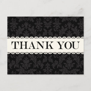 Cartão Postal Vintage Obrigado Preto e Cinza Damask Branco Renda