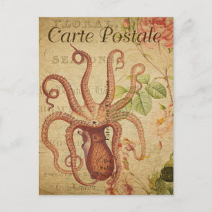 Cartão Postal Vintage Octopus Squid Pink Roses Franceses