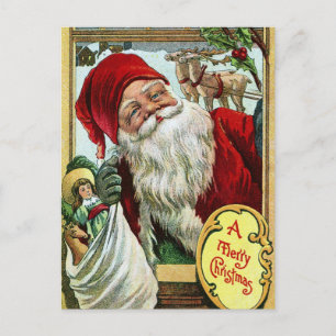 Cartão Postal Vintage Old Papai Noel com Brinquedos e Reindeer