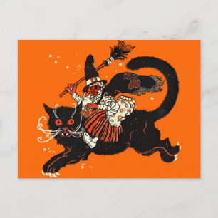 Cartão Postal Vintage Old Witch Riding a Black Cat