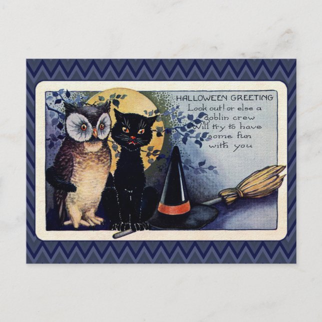 Cartão Postal Vintage Owl e Cat Halloween Saudação (Frente)