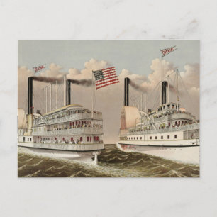 Cartão Postal Vintage Painting Mississippi River Steam Boats