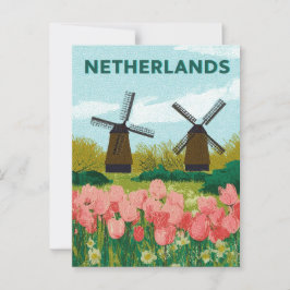 Cartão Postal Vintage Países Baixos Windmills Tulips Flor Viagem