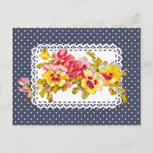 Cartão Postal Vintage Pansy Flowers e Delicate Doily