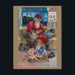 Cartão Postal Vintage Papai Noel, Crianças e Presentes<br><div class="desc">Nostálgica e peculiar Ilustração de Natal da Era Vitoriana apresentando o Pai Natal com cama vermelha com dois filhos e presentes com rolagem de 25 de dezembro. A parte traseira apresenta uma borda floral complementar,  campos de texto desejados e editáveis.</div>