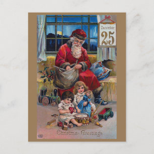 Cartão Postal Vintage Papai Noel, Crianças e Presentes