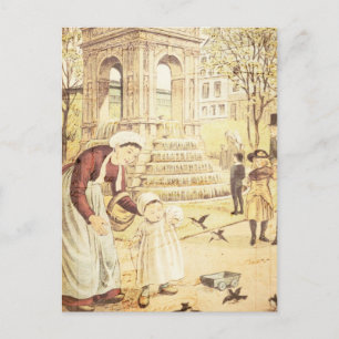 Cartão Postal Vintage Paris Cute Kid Mãe Despeja Aves