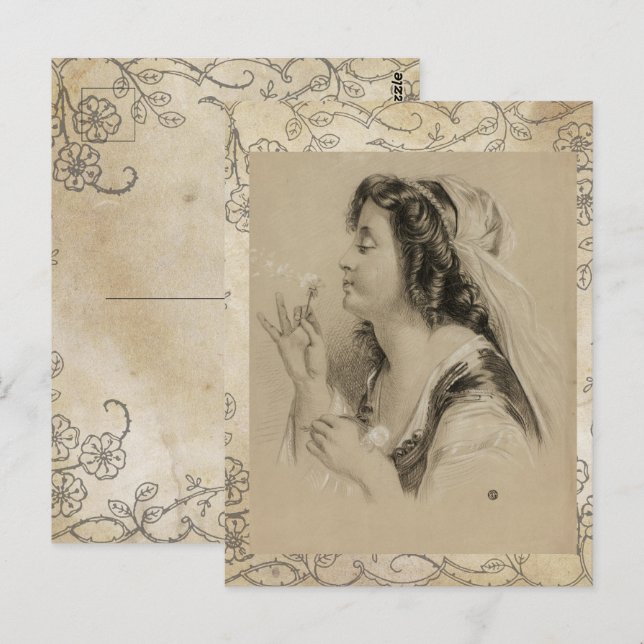 Cartão Postal Vintage Paris Girl Dandelion Flower (Frente/Verso)