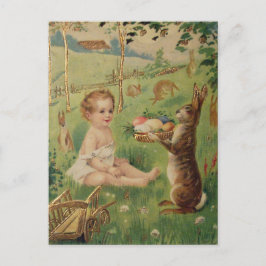 Cartão Postal Vintage Páscoa Criança e Coelho