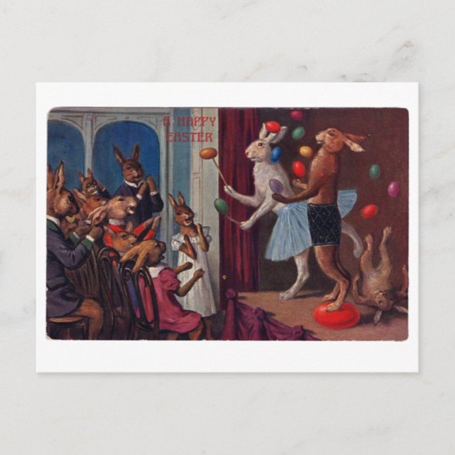 Cartão Postal Vintage Páscoa Greeting Card - Bunnies malabarista (Frente)