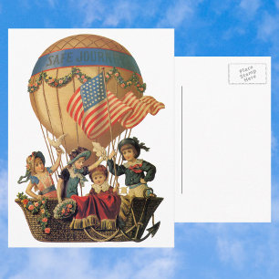 Cartão Postal Vintage Patriotic, Crianças num Balão de Ar Quen