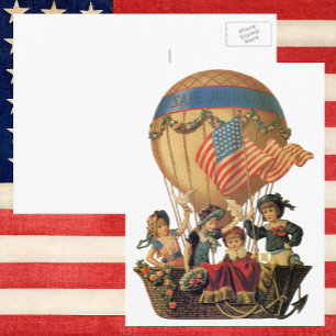 Cartão Postal Vintage Patriotic, Crianças num Balão de Ar Quente