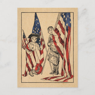 Cartão Postal Vintage Patriotic Girl & Boy com bandeira american
