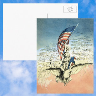 Cartão Postal Vintage Patriotic, Lady, Águia com Bandeira Americ