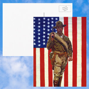 Cartão Postal Vintage Patriotic Soldier com Bandeira Americana
