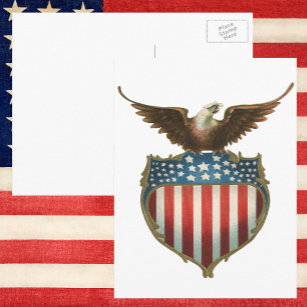 Cartão Postal Vintage Patriotismo, Águia Orgulhosa sobre Bandeir