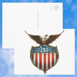 Cartão Postal Vintage Patriotismo, Águia Orgulhosa sobre Bandeir