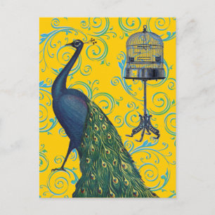Cartão Postal Vintage Peacock & Cage