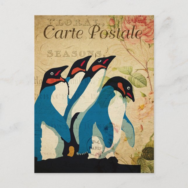 Cartão Postal Vintage Penguins Floral Flowers French (Frente)