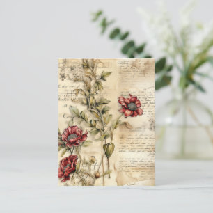 Cartão Postal Vintage - Pergaminho - Carta de Amor com Flores (1