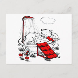 Cartão Postal Vintage Piggies & Bird In Bath