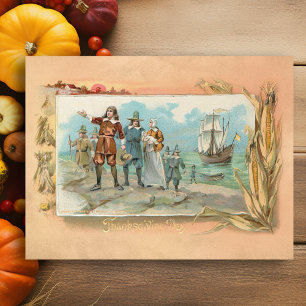 Cartão Postal Vintage Pilgrims Aterrissando em Plymouth Rock