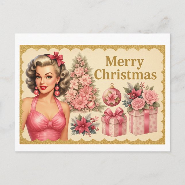 Cartão Postal Vintage Pink Christmas Tree Postcard (Frente)