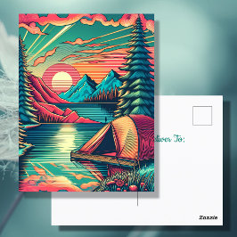 Cartão Postal Vintage Pink e Teal Camping Themed Birday