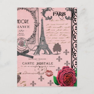 Cartão Postal Vintage Pink Paris Collage