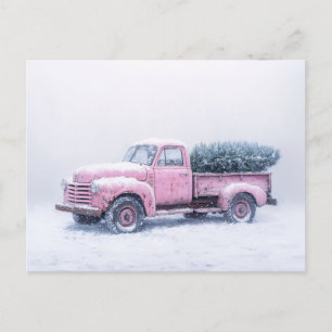 Cartão Postal Vintage Pink Truck Árvore de Natal Blizzard Art