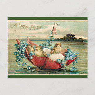 Cartão Postal Vintage Pintinhos e violetas em uma Páscoa de guar