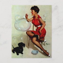 Cartão Postal Vintage Pinup Girl soprando bolhas