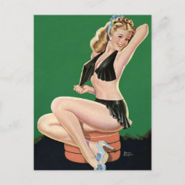 Cartão Postal Vintage Pinup Linda Blona em Fundo Verde