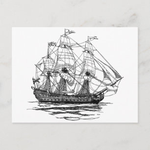 Cartão Postal Vintage Pirates Galleon, esboço de um navio de 74 