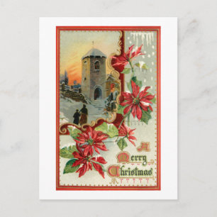 Cartão Postal Vintage Poinsettias, Igreja e Saudação de Natal