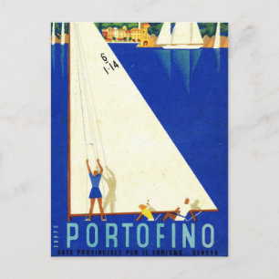 Cartão Postal Vintage Portofino Blue Sea White Barcos à vela Tur