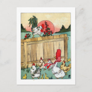Cartão Postal Vintage Poultry, Rooster Leva Uma Reunião