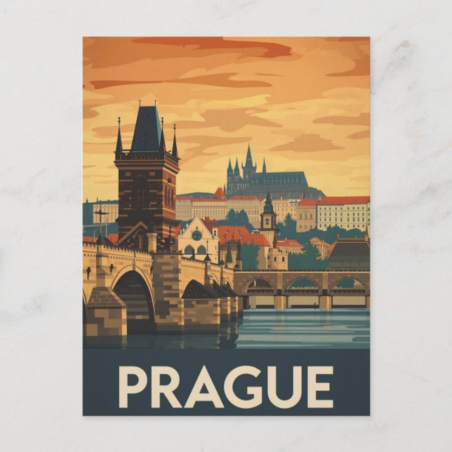 Cartão Postal Vintage Prague Travel Poster Charles Bridge (Frente)