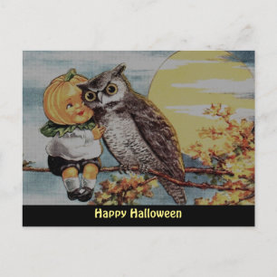Cartão Postal Vintage Pumpkin Boy and Owl no cartão-postal do Di
