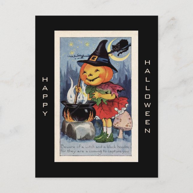 Cartão Postal Vintage Pumpkin Witch Happy Halloween (Frente)
